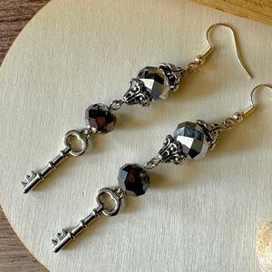 Gothic Silver and Black Key Earrings
